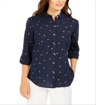 Charter Club Women's Foil Dot Linen Top Blue Size Small
