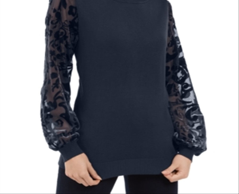 INC International Concepts Women's Velvet Burnout Sleeve Sweater Blue Size Medium