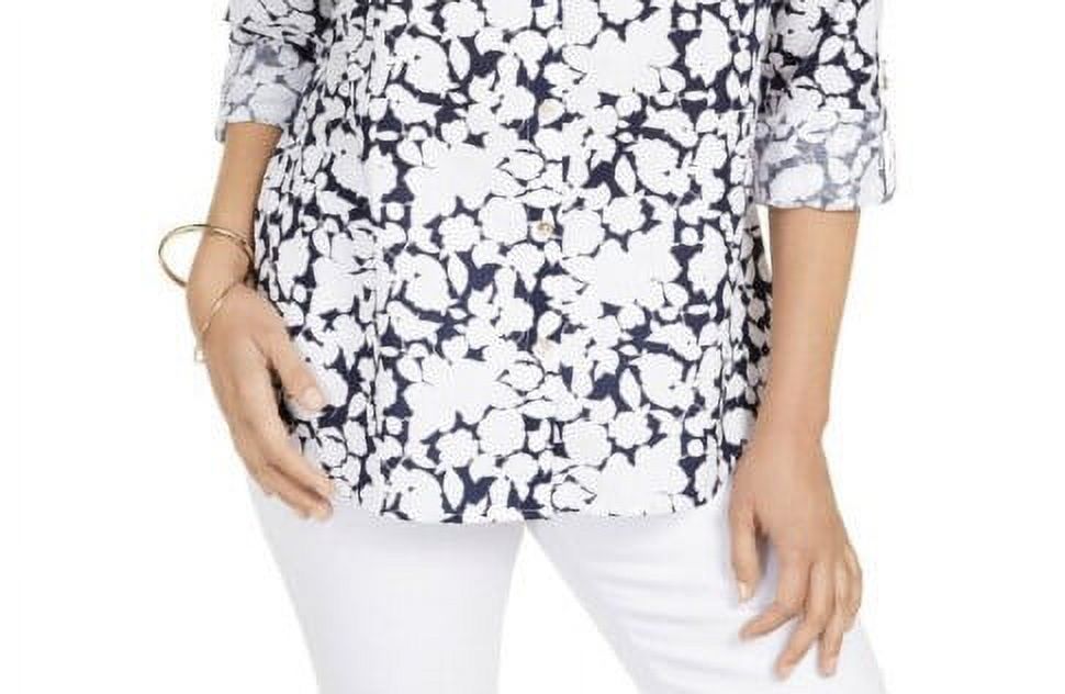 Charter Club Women's Blue Printed Roll Sleeve Top Size Small