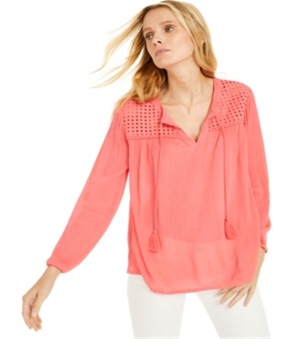 Charter Club Women's Tassel Tie Eyelet Linen Top Red Size X-Small