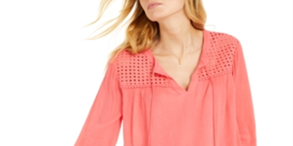 Charter Club Women's Tassel Tie Eyelet Linen Top Red Size X-Small