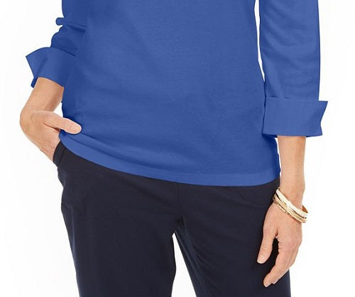 Karen Scott Women's Split Neck Point Collar Top Blue Size Petite