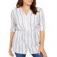 Charter Club Women's Metallic Striped Tassel Trim Button Front Top White Size XX-Large