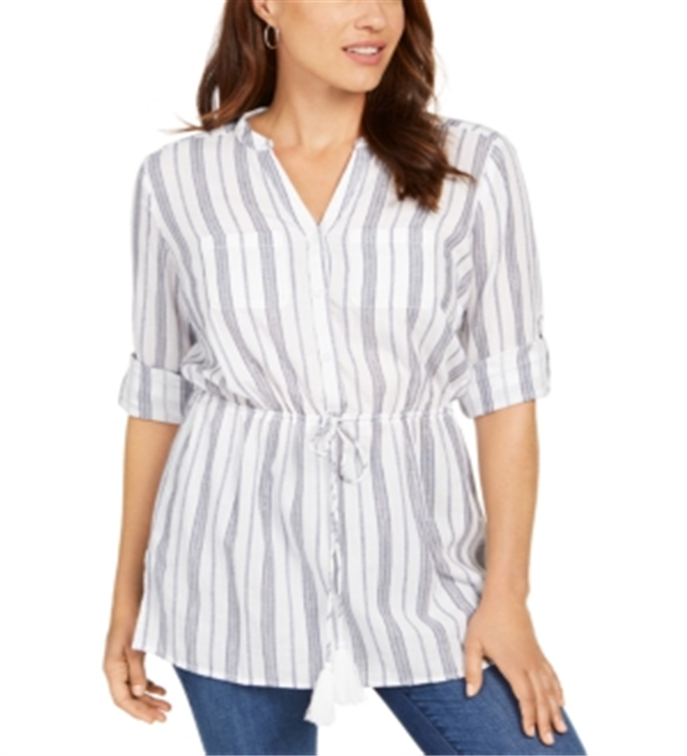 Charter Club Women's Metallic Striped Tassel Trim Button Front Top White Size XX-Large
