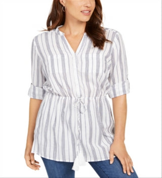 Charter Club Women's Metallic Striped Tassel Trim Button Front Top White Size XX-Large