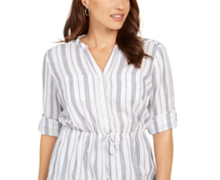 Charter Club Women's Metallic Striped Tassel Trim Button Front Top White Size XX-Large