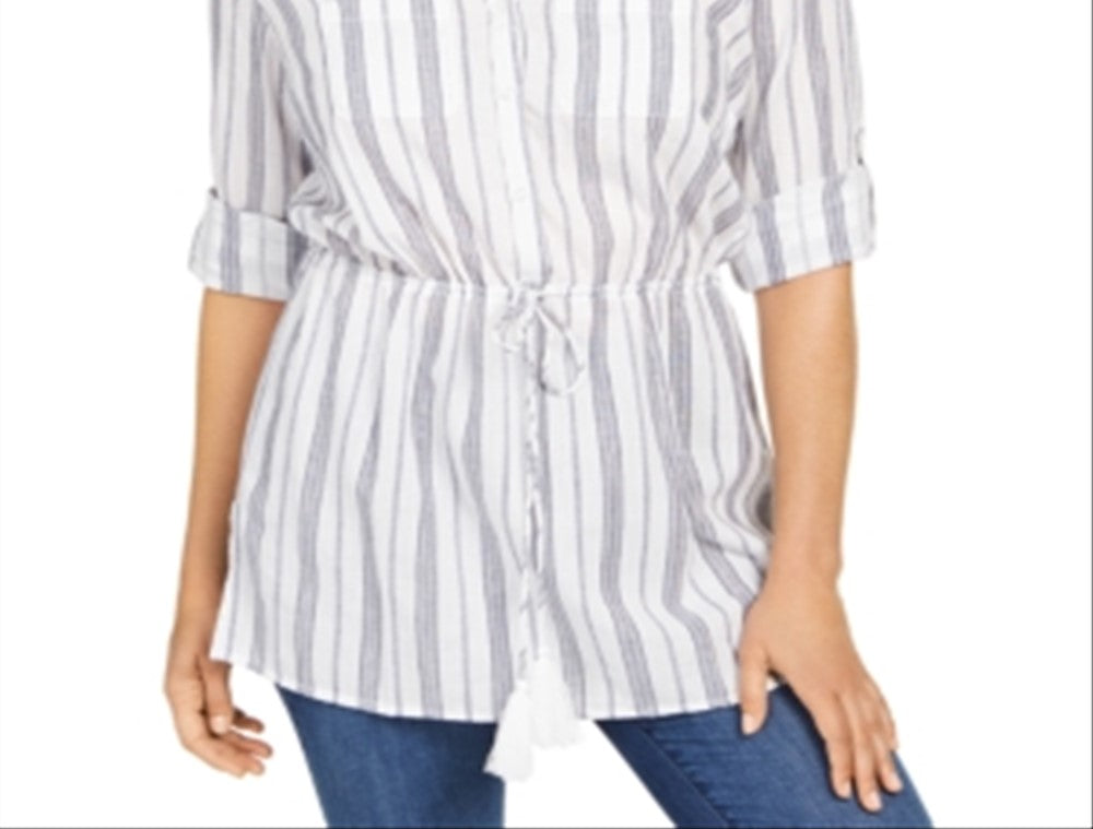 Charter Club Women's Metallic Striped Tassel Trim Button Front Top White Size XX-Large