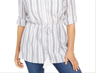 Charter Club Women's Metallic Striped Tassel Trim Button Front Top White Size XX-Large