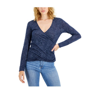 INC International Concepts Women's Long Sleeve Cheetah Print Top Blue Size X-Large