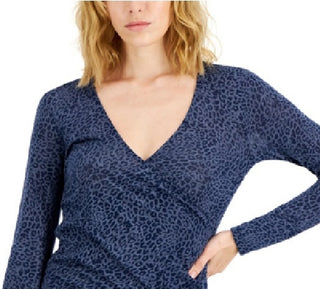 INC International Concepts Women's Long Sleeve Cheetah Print Top Blue Size X-Large