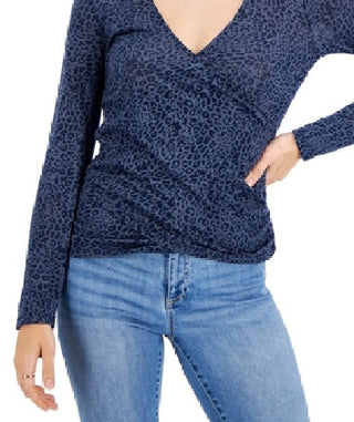 INC International Concepts Women's Long Sleeve Cheetah Print Top Blue Size X-Large