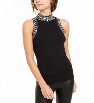 INC International Concepts Women's Embellished Mock Neck Tank Sweater Black Size Small