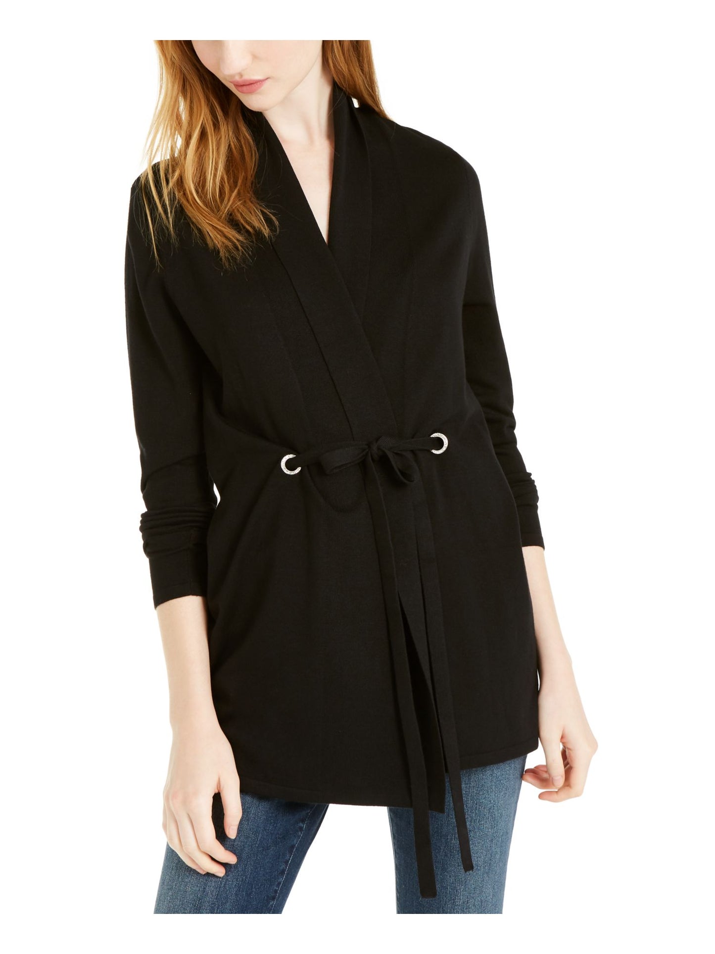INC International Concepts Women's Grommeted Tie Front Cozy Sweater Black Size X-Small