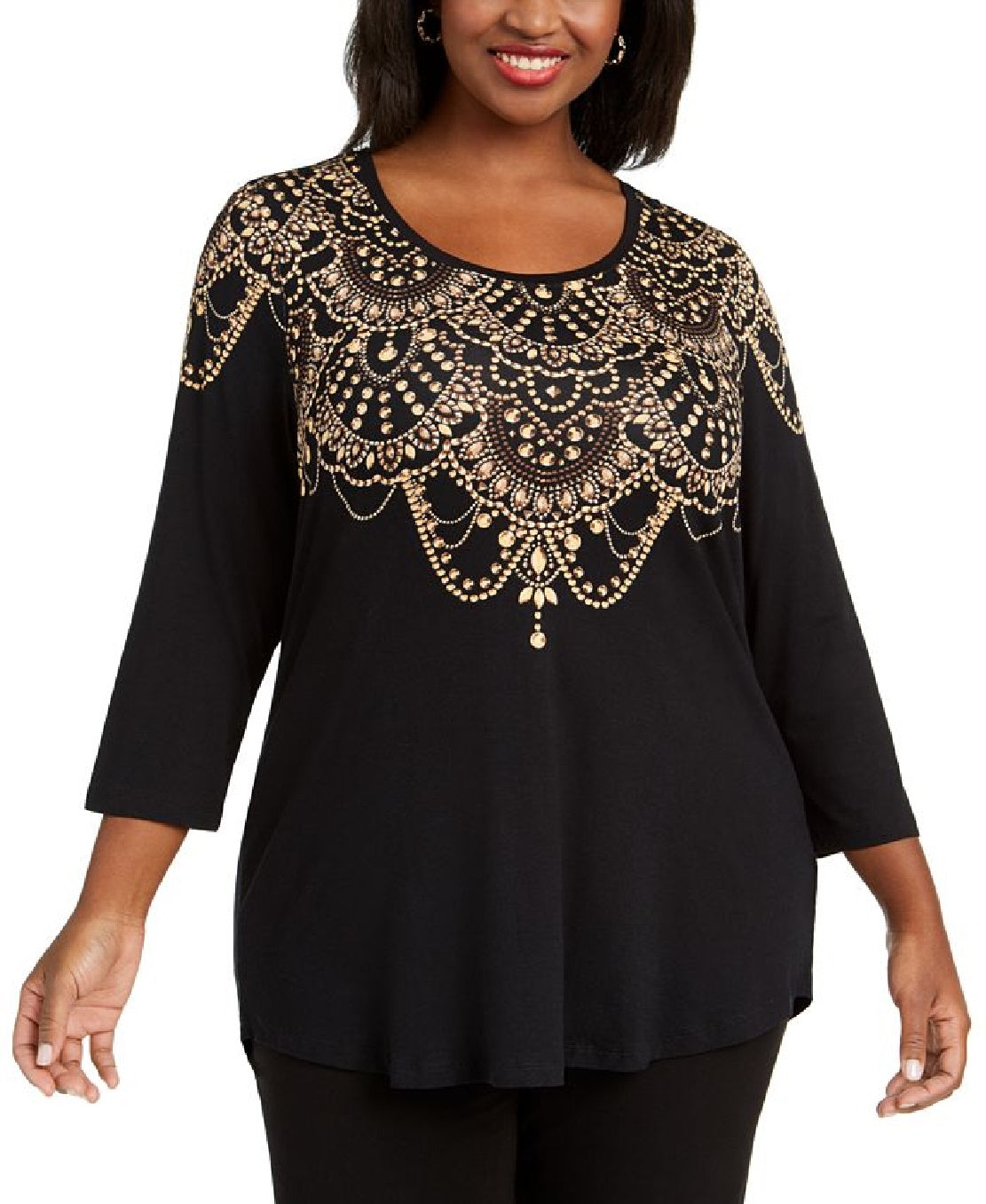 JM Collection Women's Printed 3/4 Sleeve Top Black Size 2X