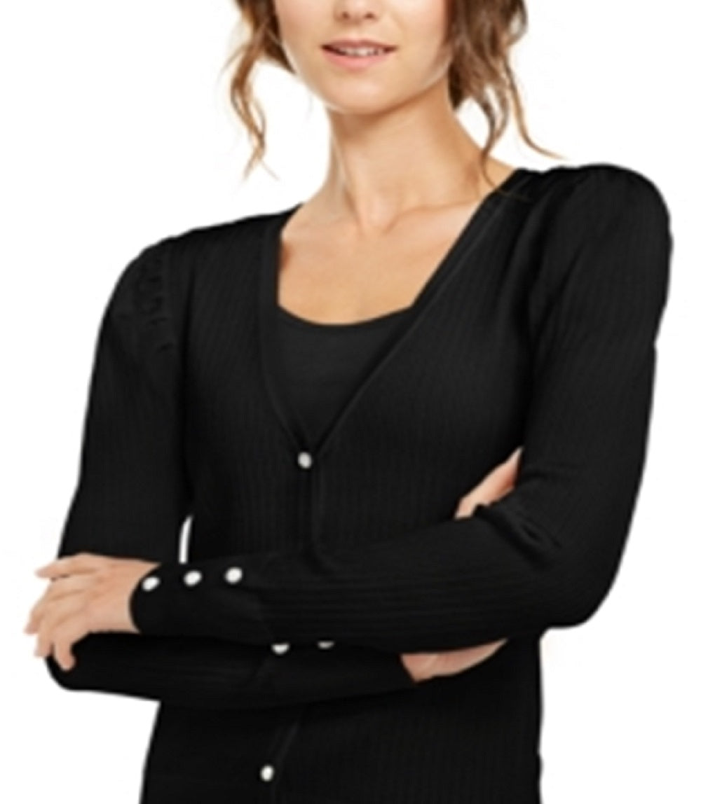 INC International Concepts Women's Puff Sleeve Cardigan Black Size Petite Medium