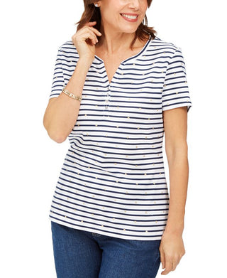 Karen Scott Women's Starlight Striped Henley Top Blue Size Medium