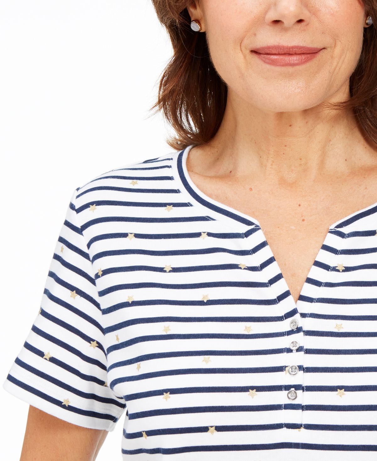 Karen Scott Women's Starlight Striped Henley Top Blue Size Medium