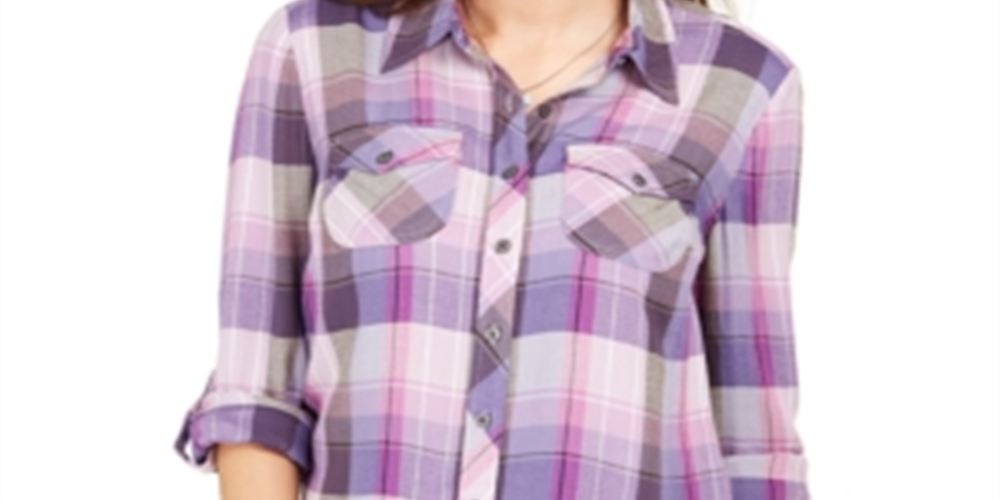 Style & Co Women's Button up Plaid Boyfriend Purple Size Small