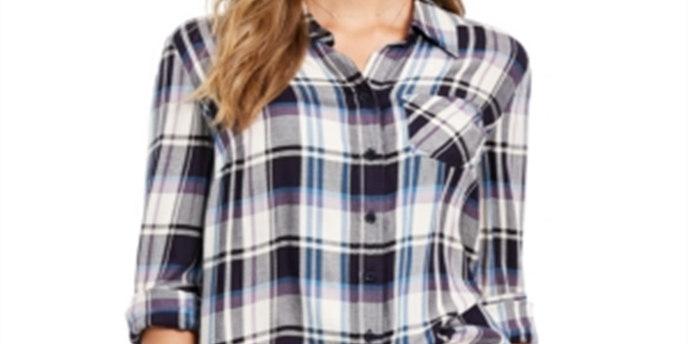 Style & Co Women's Cotton Tab Sleeve Plaid Shirt Blue Size Petite X-Large