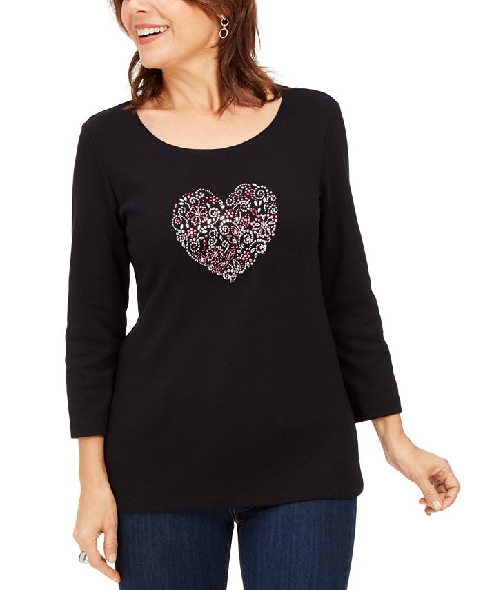 Karen Scott Women's Cotton Heart Embellished Top Black Size Petite XL