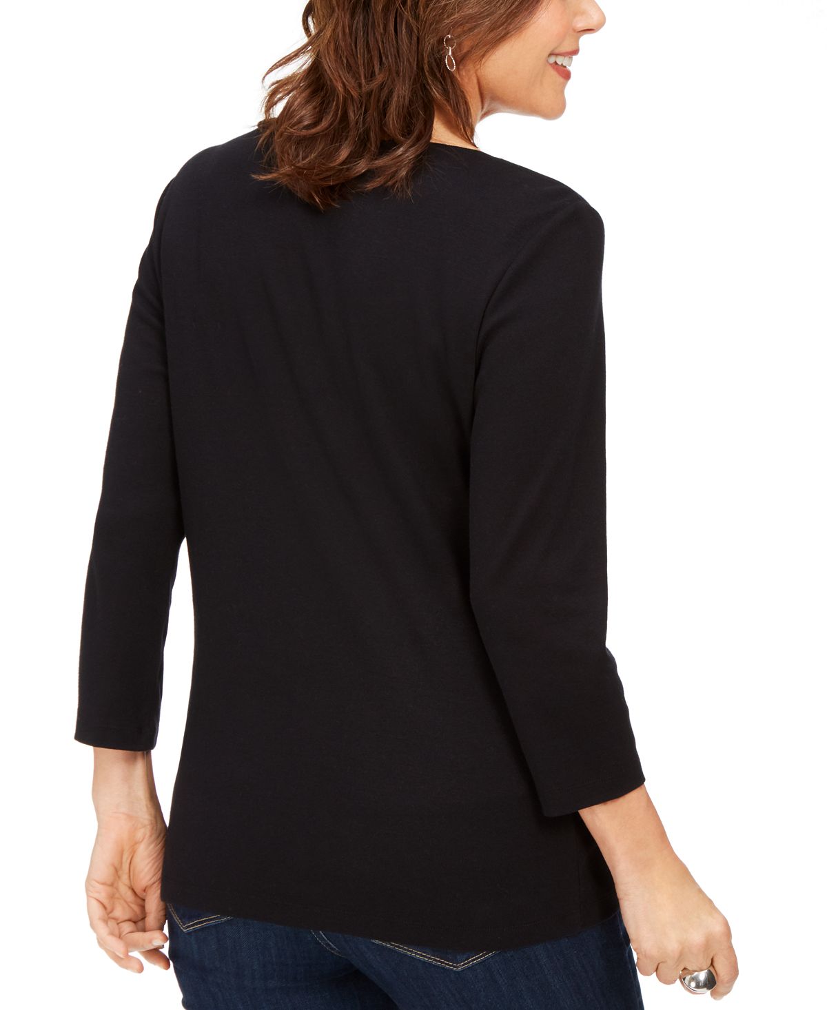 Karen Scott Women's Cotton Heart Embellished Top Black Size Petite XL