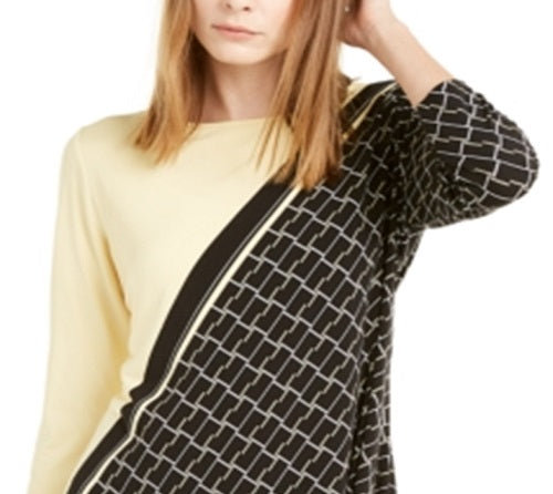 Alfani Women's Color Block 3/4 Sleeve Jewel Neck Top Yellow Size Medium