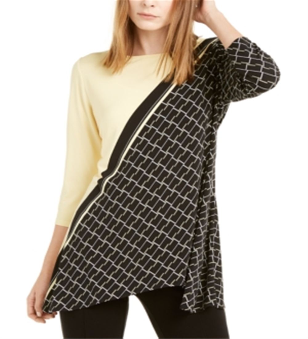Alfani Women's Color Block 3/4 Sleeve Jewel Neck Top Yellow Size Medium