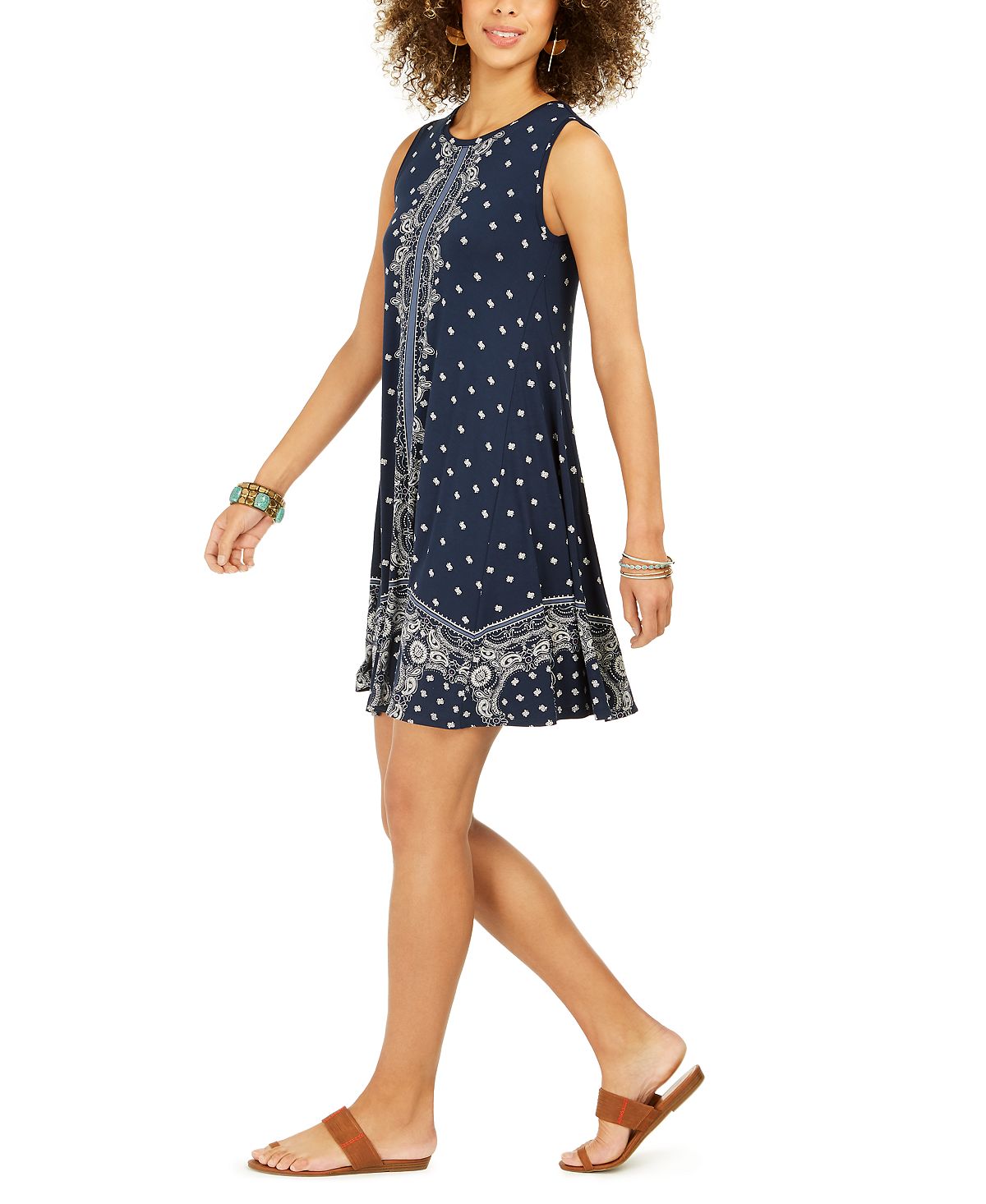 Style & Co Women's Sleeveless Printed a Line Dress Shift Blue Size X-Small