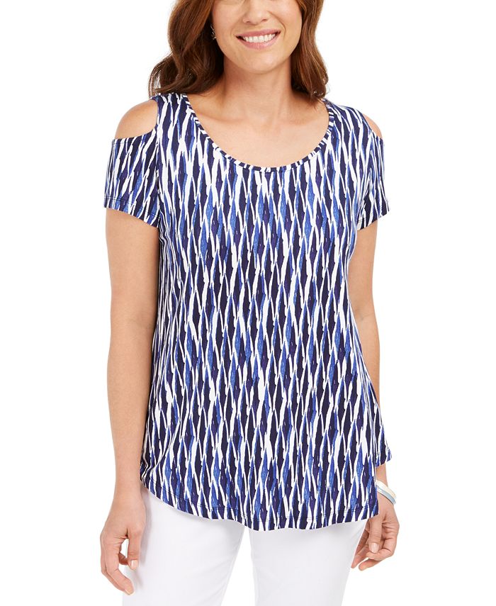 JM Collection Women's Cold Shoulder Printed Top Blue Size X-Small