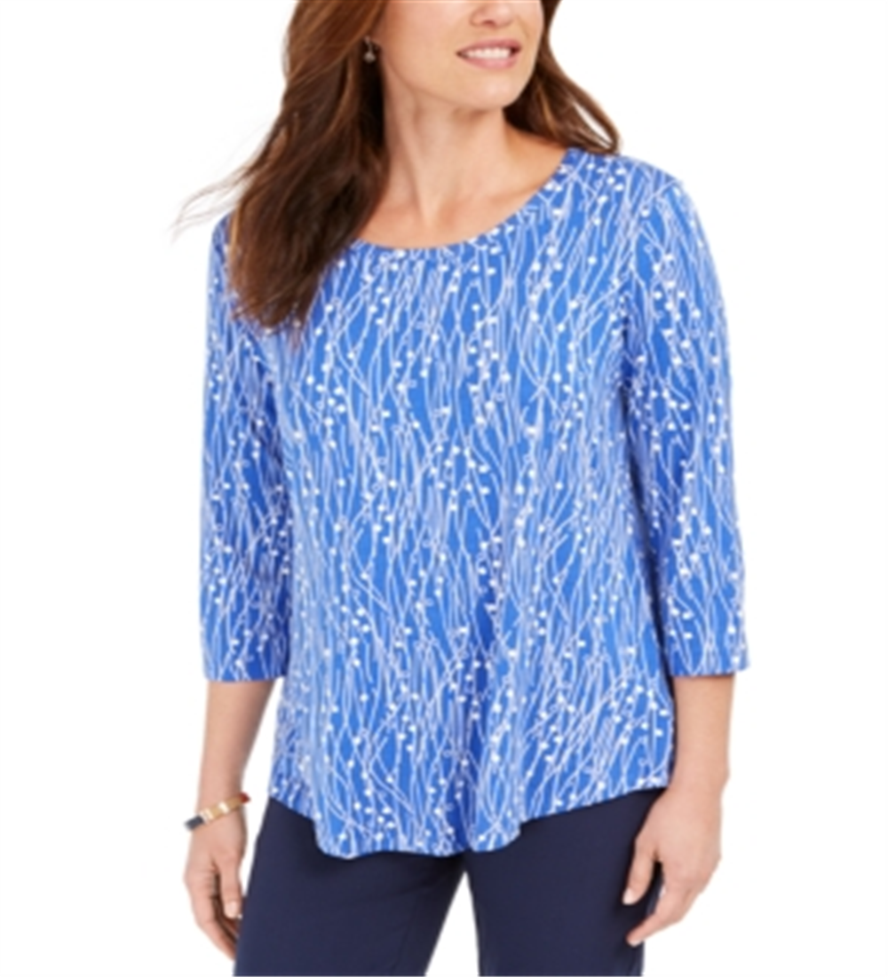 JM Collection Women's 3/4 Sleeve Printed Top Box Lines Blue Size X-Small