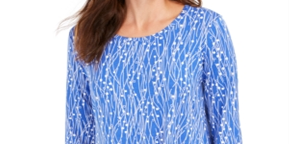 JM Collection Women's 3/4 Sleeve Printed Top Box Lines Blue Size X-Small