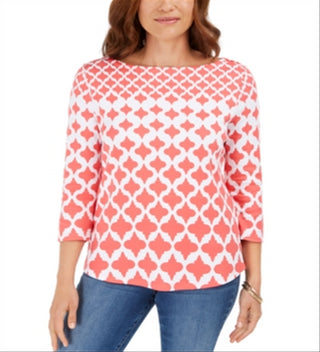 Charter Club Women's Cotton Printed Top Red Size Petite Small