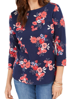 Charter Club Women's Pima Cotton Floral Print Top Blue Size XX-Large