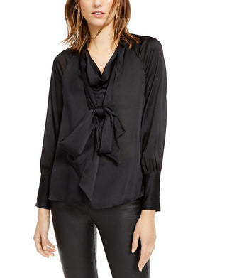 INC International Concepts Tie-Neck Satin Blouse Deep Black XL