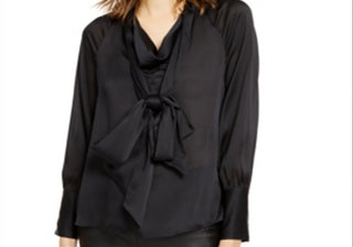 INC International Concepts Tie-Neck Satin Blouse Deep Black XL
