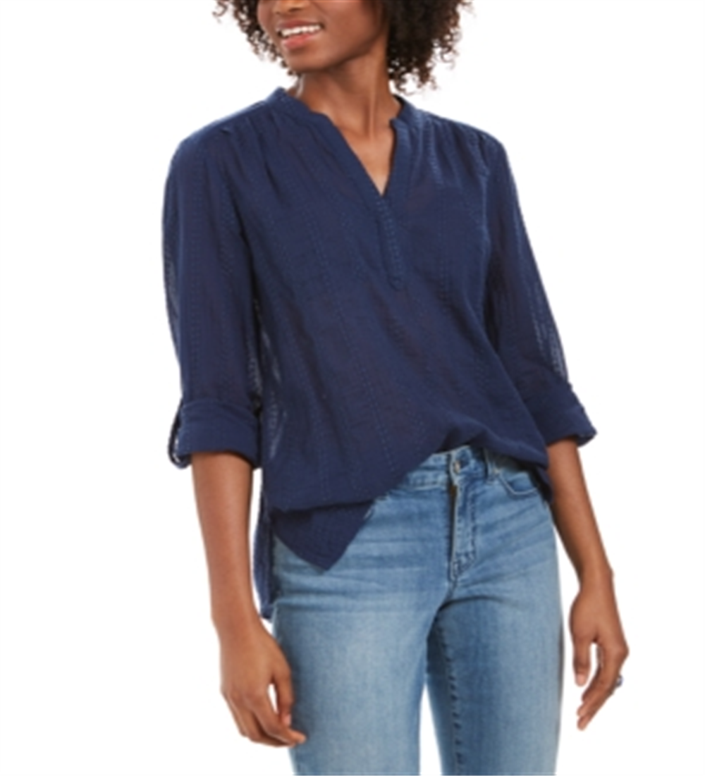 Style & Co Women's Textured V Neck Top Blue Size Small