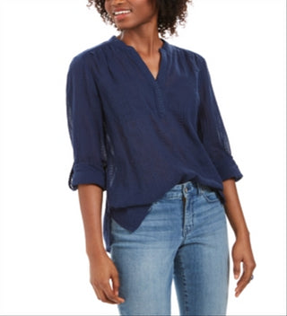 Style & Co Women's Textured V Neck Top Blue Size Small