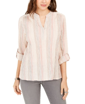 Style & Co Women's Pink Striped Split Neck Top Size X-Small