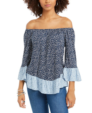Style & Co Women's Blue Printed On/Off-The-Shoulder Top