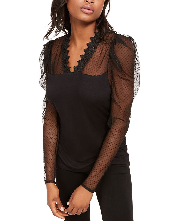 INC International Concepts Women's Illusion Puff Sleeve Top Black Size XS