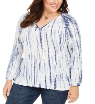 Style & Co Women's Cotton Tie Dyed Peasant Top Blue Size 3X