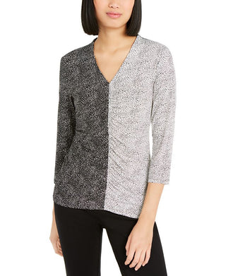 Alfani Women's Colorblock Print Ruched V Neck Blouse Black Size X-Small