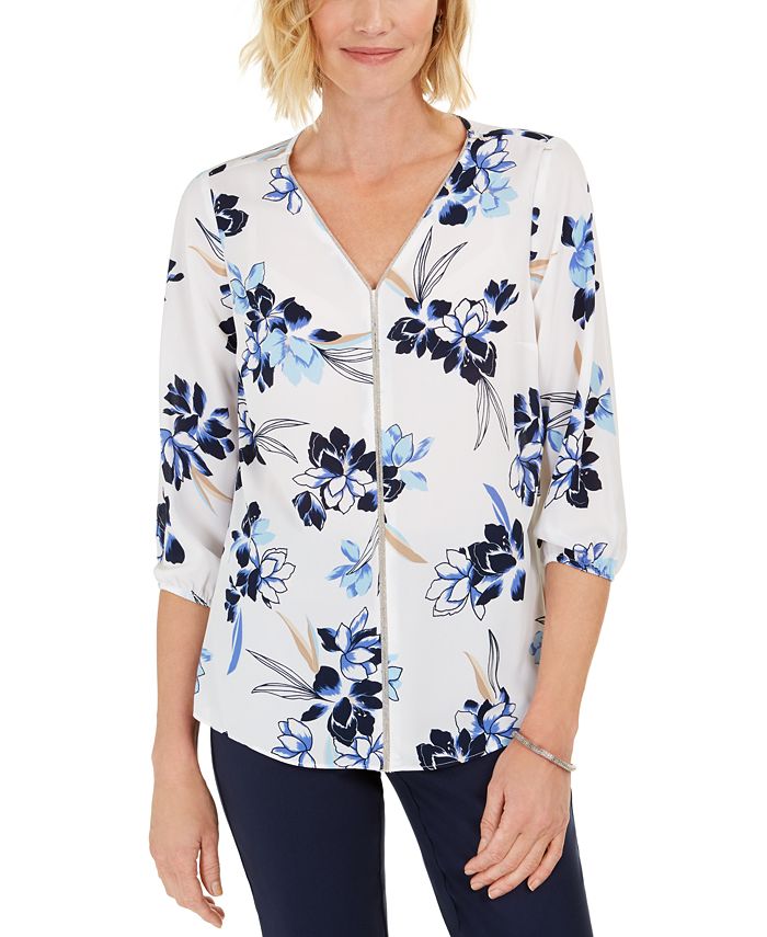 JM Collection Women's Embellished Y Neck Tunic White Size Small