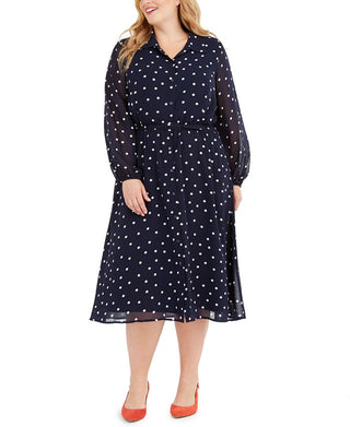 Alfani Women's Plus Polka Dot MIDI Casual Dress Dark Blue Size 16W