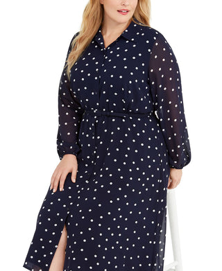 Alfani Women's Plus Polka Dot MIDI Casual Dress Dark Blue Size 16W