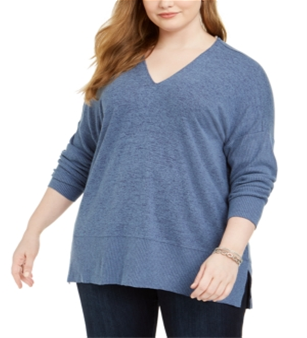 Style & Co Women's Plus Ribbed V Neck Sweater Blue Size 0X