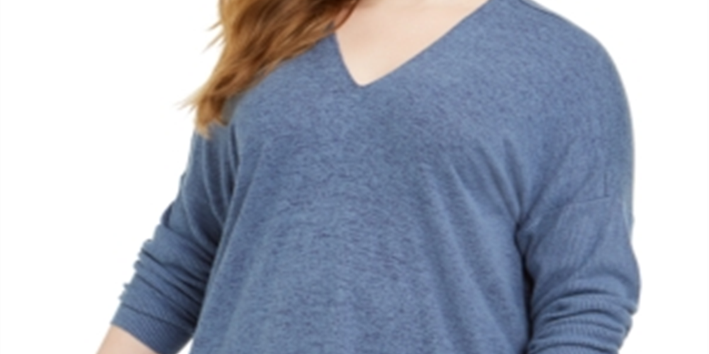 Style & Co Women's Plus Ribbed V Neck Sweater Blue Size 0X