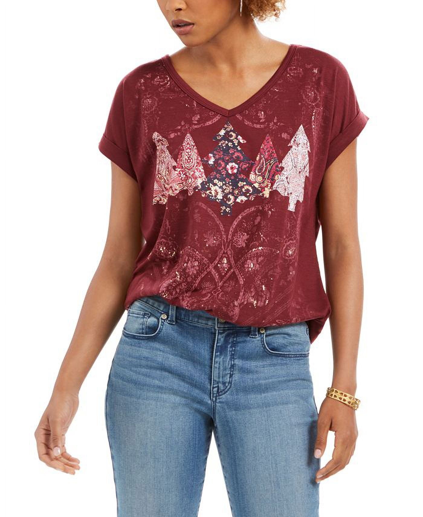 Style & Co Women's Red Tree Graphic Top Size Petite