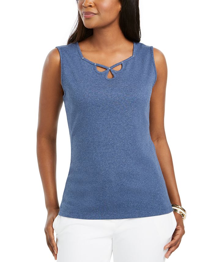 Karen Scott Women's Triple Keyhole Studded Tank Top Blue Size Medium