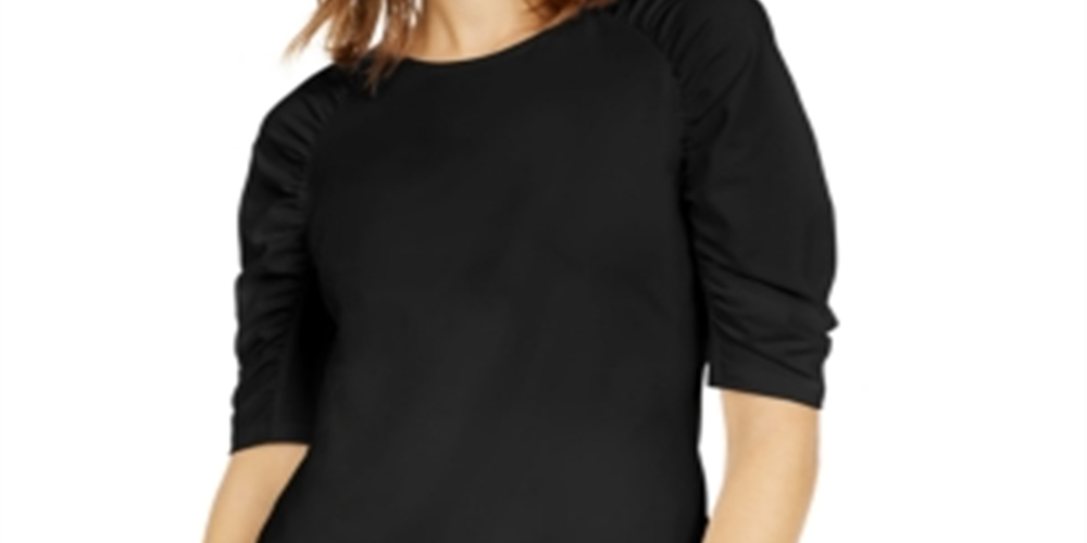 INC International Concepts Women's Gathered Sleeve T-Shirt Black Size Petite L